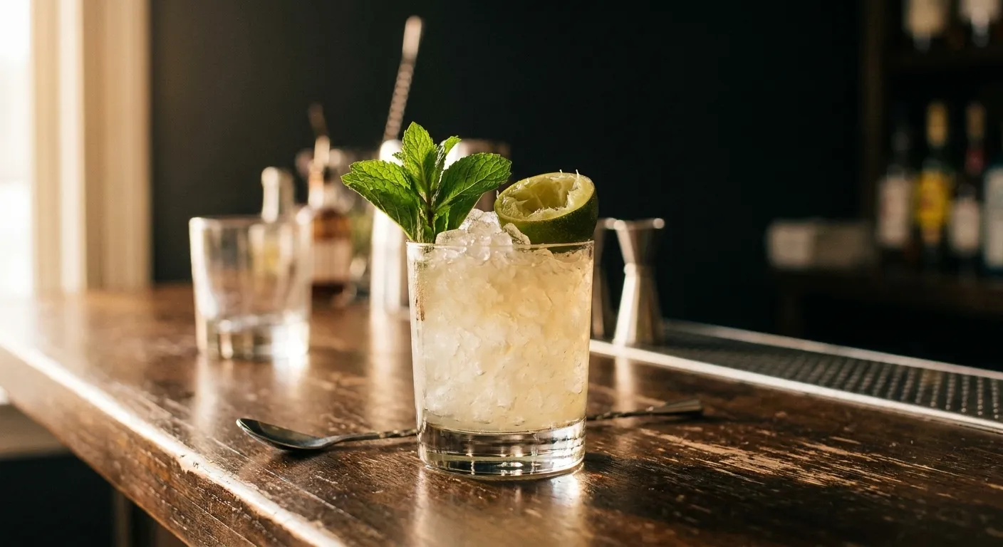 A tropical cocktail in a heavy glass on a dark bar top, crushed ice and a mint garnish, shallow depth of field