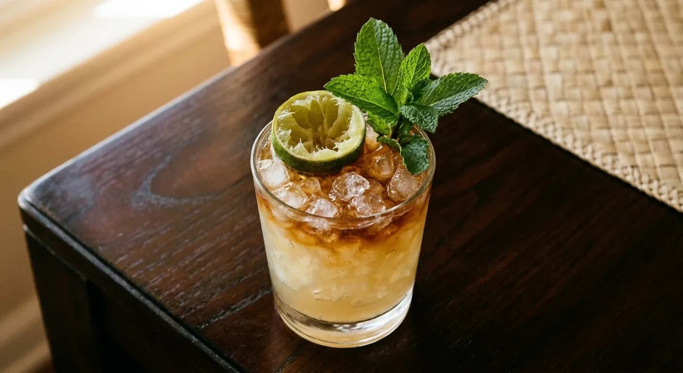 A Mai Tai in a rocks glass with crushed ice, mint and a lime shell, set on a dark lacquered table
