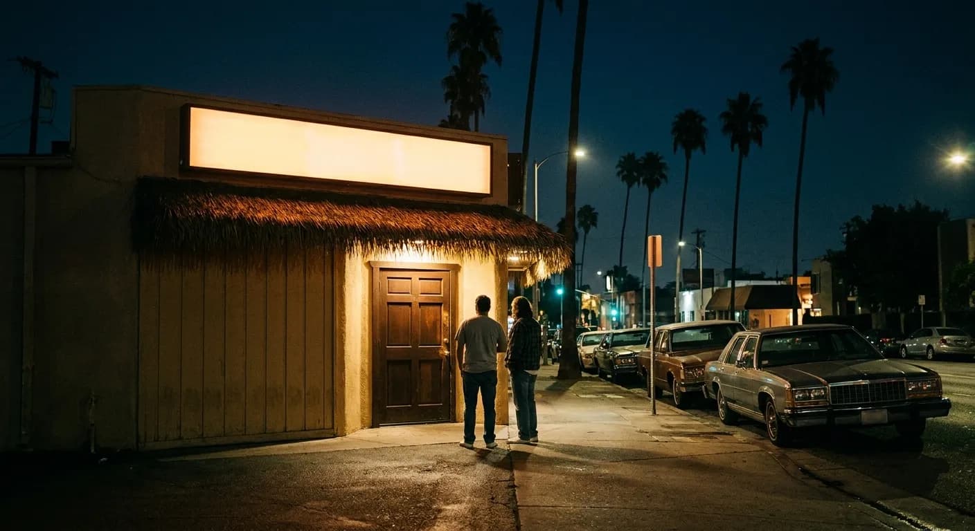 A small windowless bar front at night on a Los Angeles boulevard, a lit sign panel above the door, cars parked along the kerb