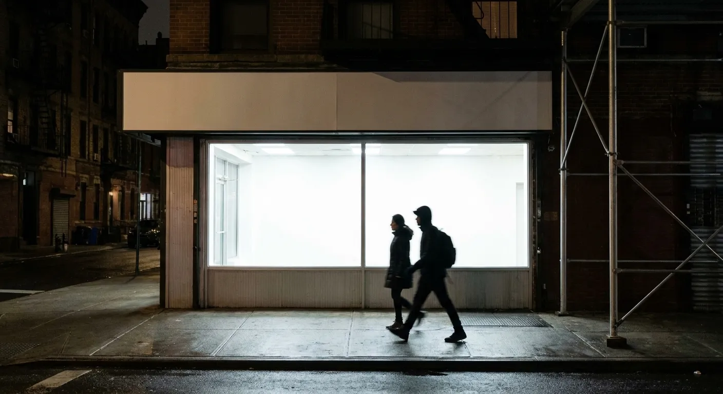 A lit dessert-shop front on a Lower East Side street after midnight, light spilling across the pavement
