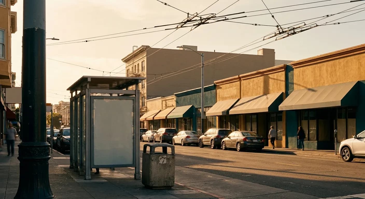 A Mission District street in the late afternoon, low storefronts with painted facades along one side, wires overhead