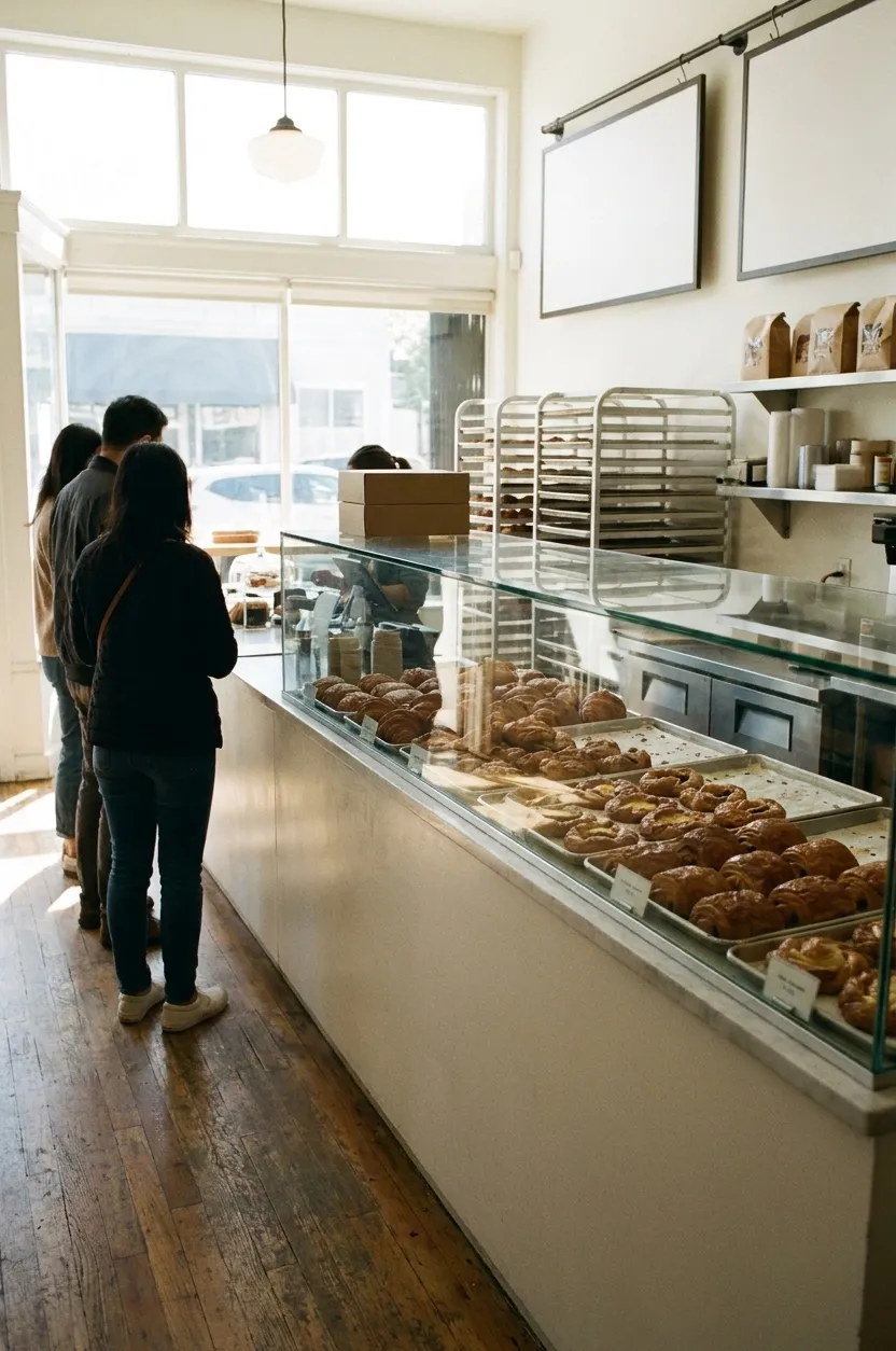 A bakery counter with a pastry case, trays of laminated pastries and a queue forming to one side