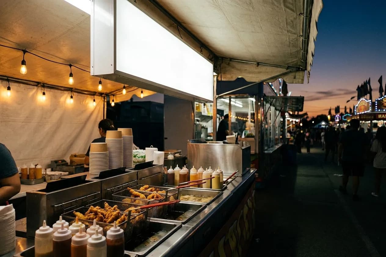 A fairground food stall at dusk with a fryer counter, stacked cups and a blank overhead sign panel