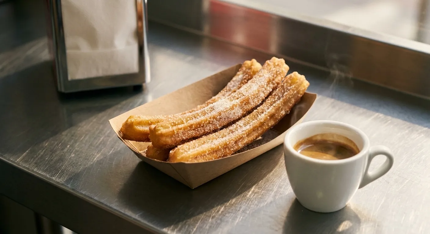 A paper tray of hot churros dusted with sugar on a metal counter, a cup of coffee beside it