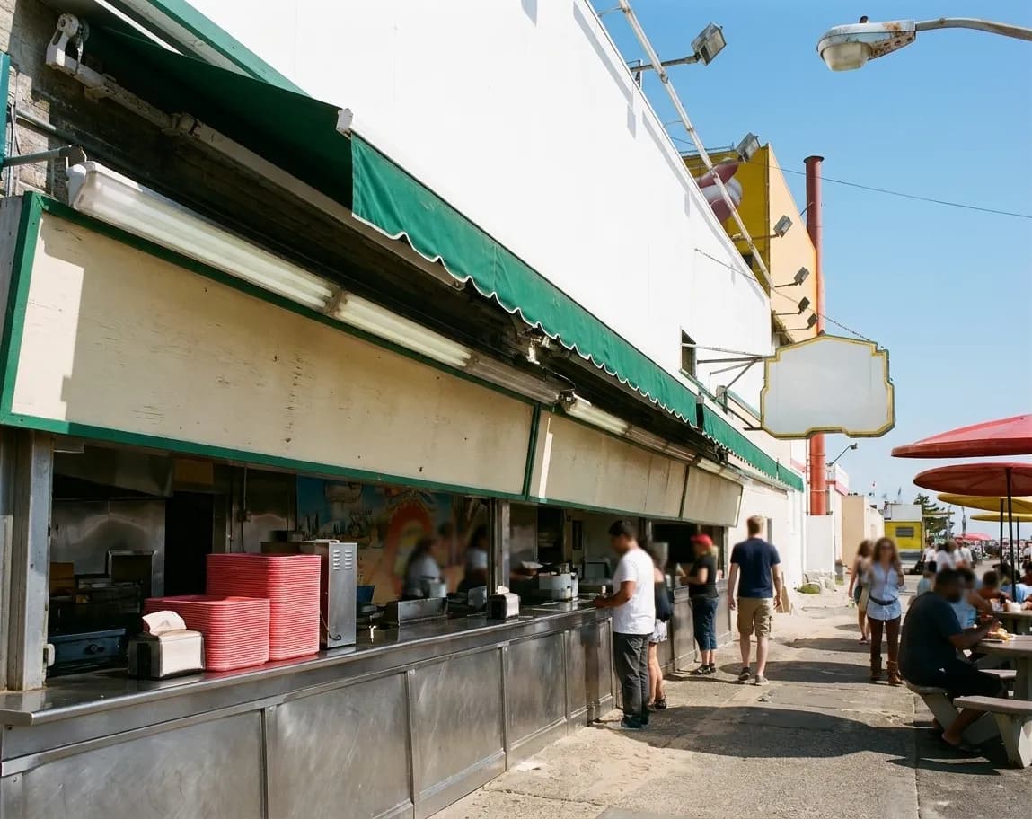 An amusement-park food stand with a serving window, a stack of paper trays and a blank menu panel above