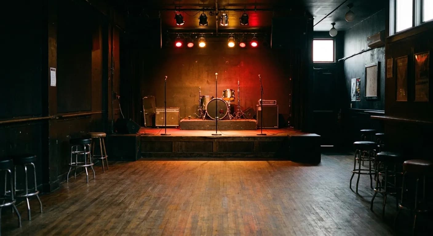 A small club stage at the end of a narrow room, amplifiers and mic stands lit by red and amber wash