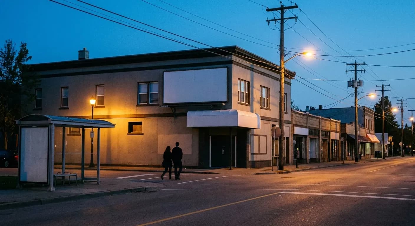 A Fillmore Street corner in the evening, low storefronts and a club awning, streetlights beginning to come on