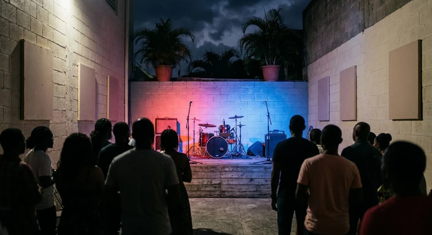 An outdoor courtyard stage at night, coloured lights on a low platform, a loose crowd standing in front