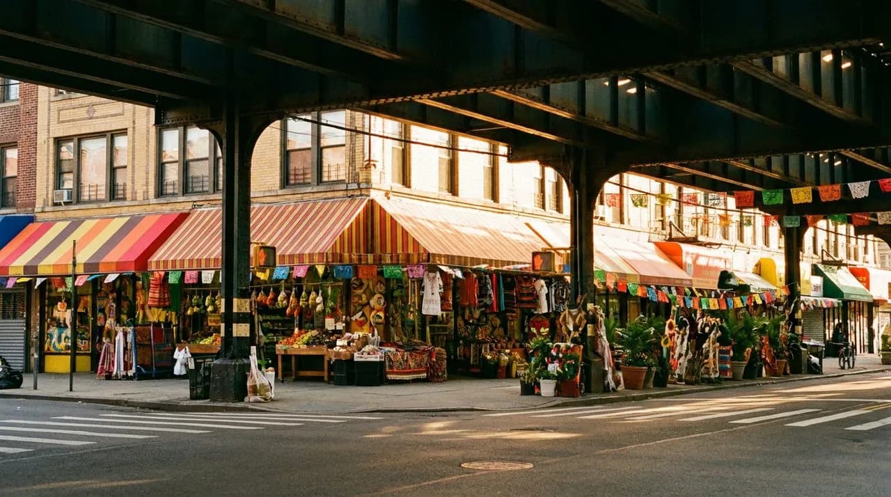 Sunny street corner in Jackson Heights Queens under the elevated 7 train tracks, vibrant Mexican-Ecuadorian-Colombian storefronts with warm colored awnings, golden afternoon light, lively neighborhood, festive lively atmosphere.