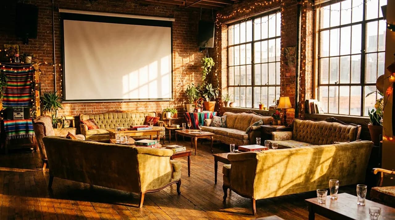 Williamsburg bar interior with industrial windows, blank projector screen on brick wall, and vintage couches arranged in semicircle at golden hour.