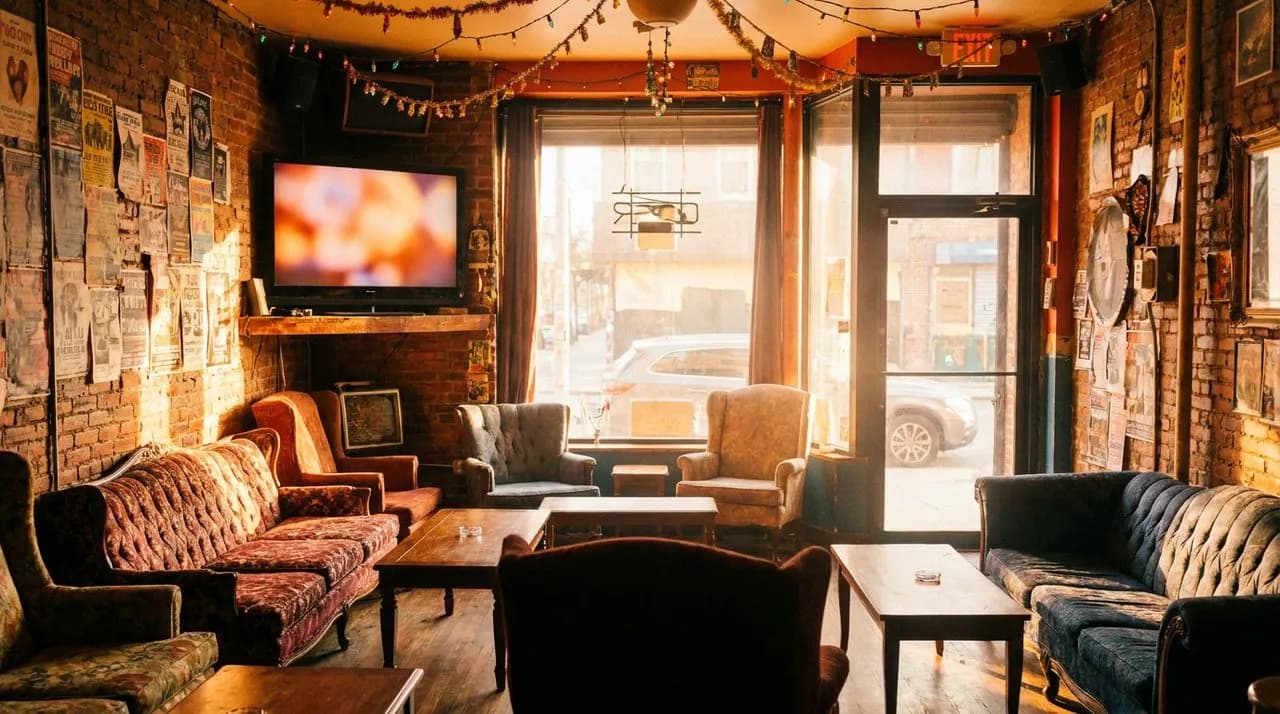 Bushwick dive bar interior at golden hour with exposed brick, colorful posters, glowing TV in corner, and vintage thrifted sofas.