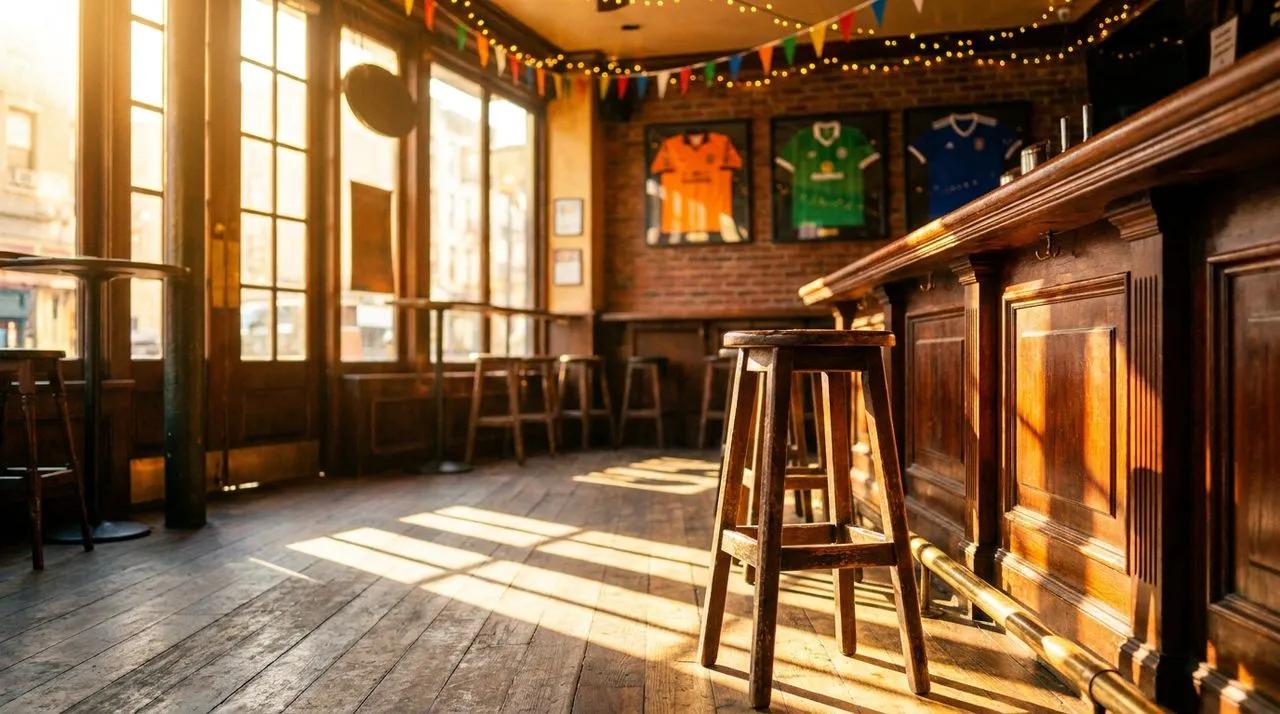 Bright Manhattan pub interior with polished wooden bar counter, single empty stool in focus, warm golden light through tall windows, vintage football jerseys framed on walls.
