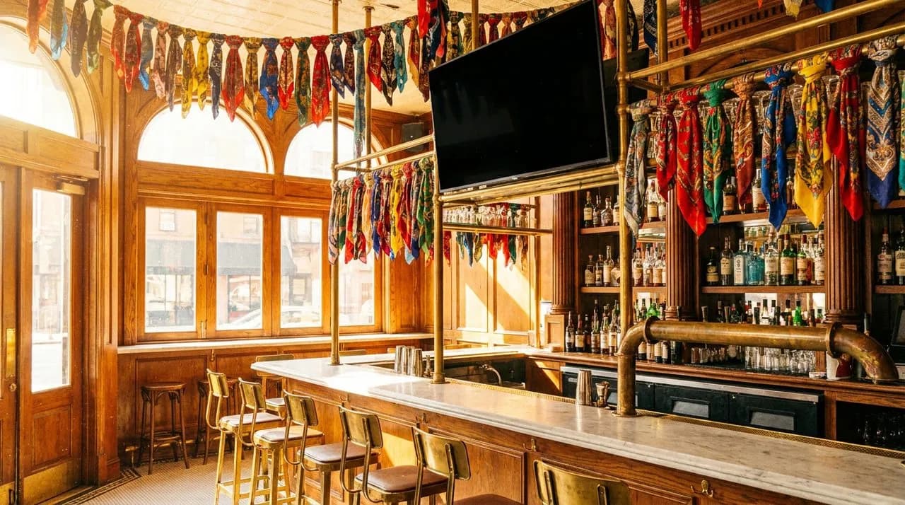 Sunlit Hell's Kitchen bar interior with marble counter, empty red leather stools, large screen above, hanging colorful scarves, warm wood and brass details, golden morning light.