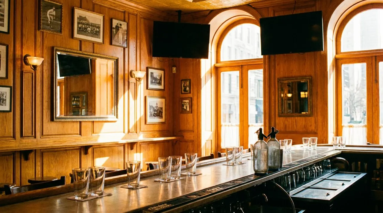 Vibrant Lexington Avenue pub interior with honey wood paneling, arched windows, golden sunlight streaming through, polished bar counter with water glasses, warm afternoon energy.