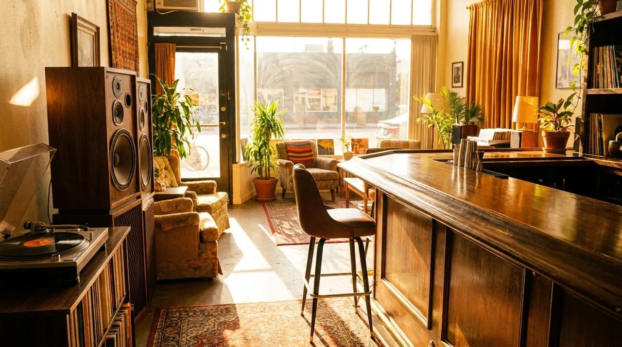 Sunlit Silver Lake listening bar interior with polished wooden counter, single stool, and vintage hi-fi speakers in warm afternoon light.