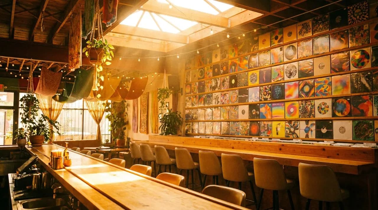 Echo Park record room interior with vinyl sleeves lining the walls, counter seating, and warm skylight illuminating the space.