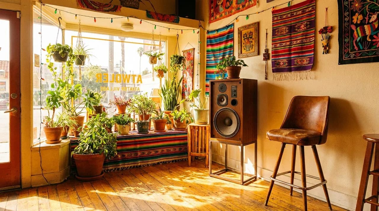 Atwater Village café-listening-room with wooden floors, single counter stool facing a vintage speaker, plants in the window, and warm midday light.
