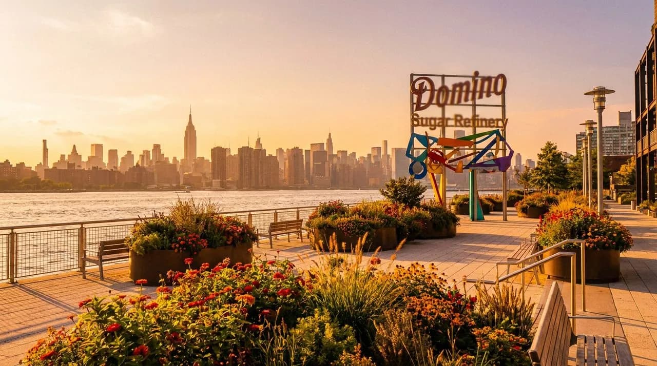 Bright golden-hour walk along Brooklyn waterfront at Domino Park with restored sugar refinery and Manhattan skyline across East River.