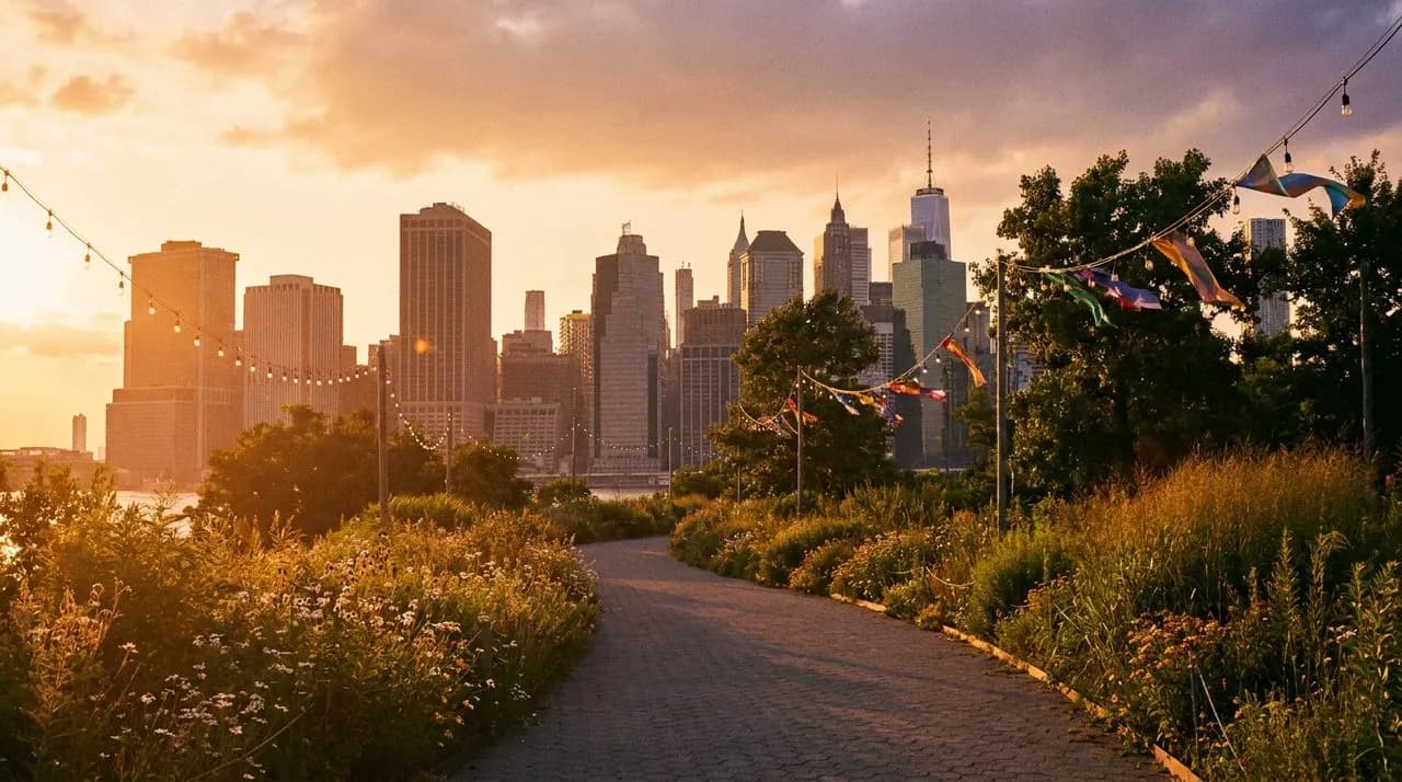Sunlit pedestrian promenade along East River State Park at golden hour with Manhattan skyline silhouette and wildflowers.