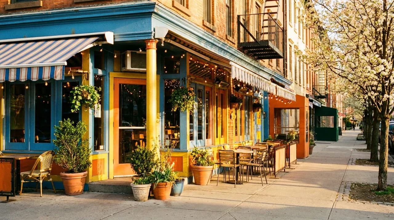 Bright cheerful Greenpoint corner bar exterior at warm late afternoon with colorful storefront and blossoming street trees.