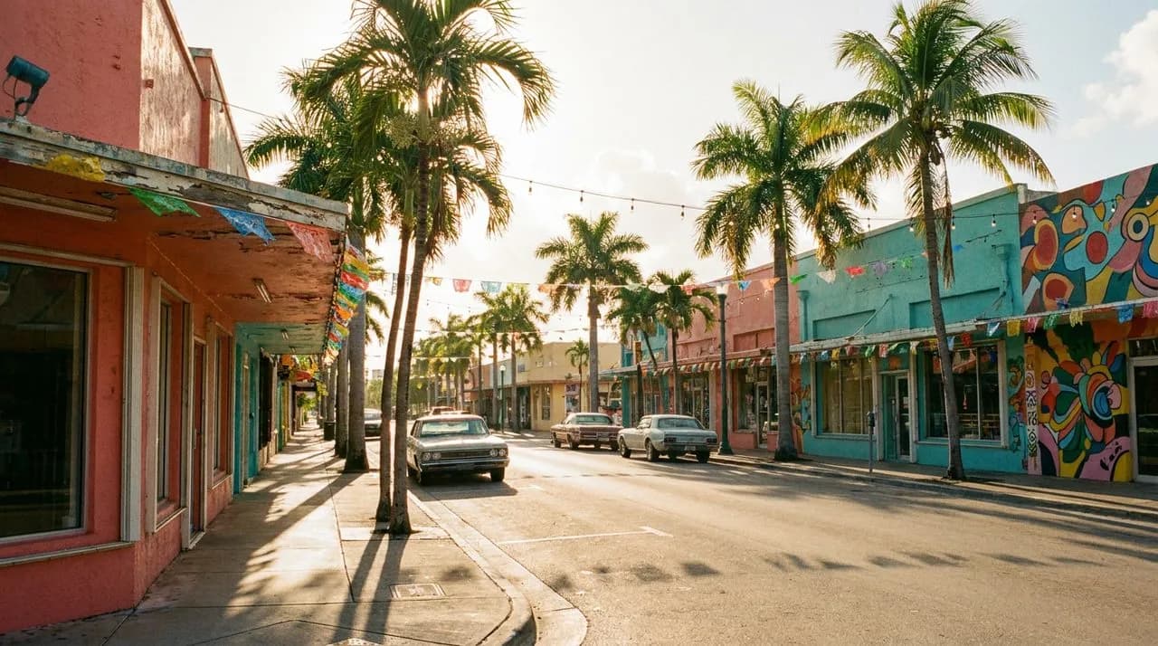 Bright sunny Calle Ocho in Little Havana with pastel storefronts, palm shadows, and vibrant tropical morning light.