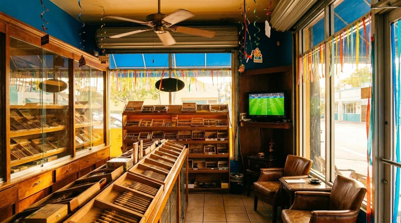 Bright Little Havana cigar shop interior with wooden display cases, vintage ceiling fan, and a glowing TV in the corner showing a soccer pitch.