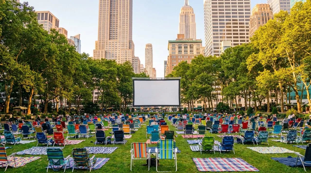 Bryant Park's great lawn on a bright afternoon with a blank projector screen mounted between trees and folding chairs arranged on grass.