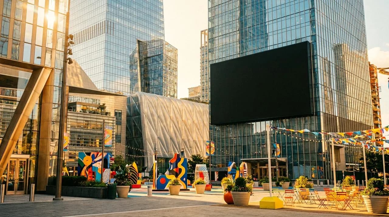 Hudson Yards plaza on a bright afternoon with a massive LED screen mounted on a glass tower and geometric architectural shapes surrounding the plaza.