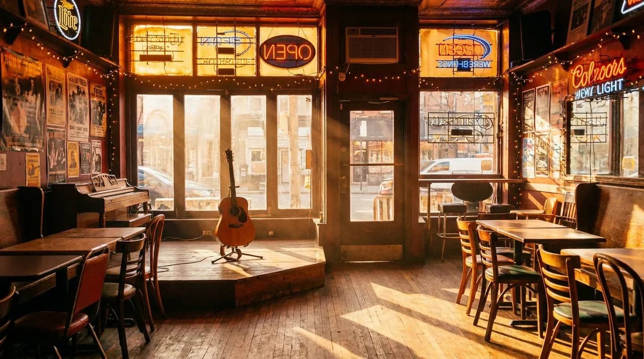 Williamsburg honky-tonk bar with warm golden light, wooden stage, and vintage neon in late afternoon.