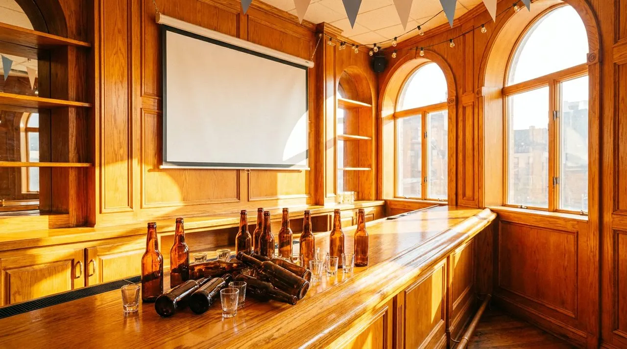 Murray Hill bar interior with honey wood paneling, polished bar, golden sunlight through arched windows, and blank projector screen.