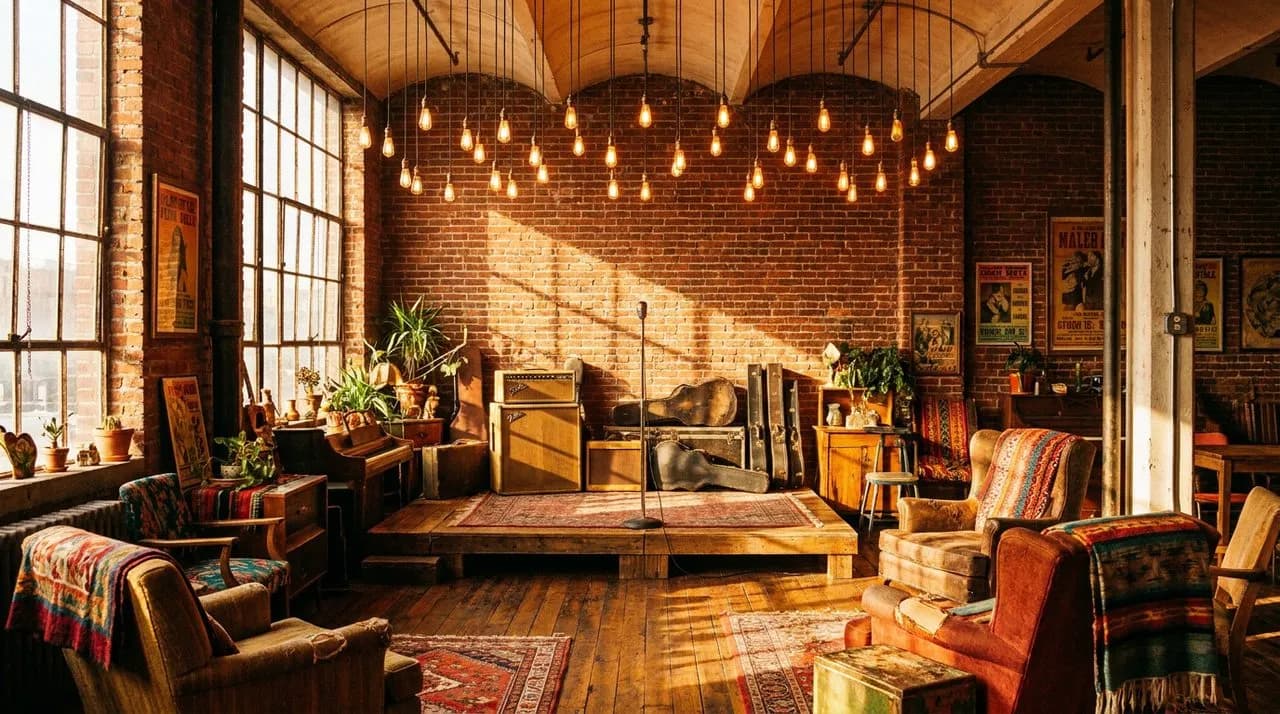 Bushwick listening room with exposed brick, vintage amplifier on stage, hanging incandescent bulbs, and warm amber glow.