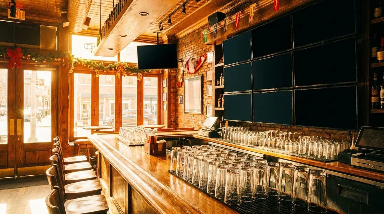 Hells Kitchen sports bar with a wall of blank screens, polished wooden bar, golden afternoon light through tall windows.