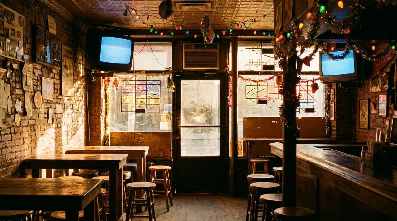 Lower East Side dive bar at golden hour with exposed brick, two glowing TVs in opposite corners, warm neon light.