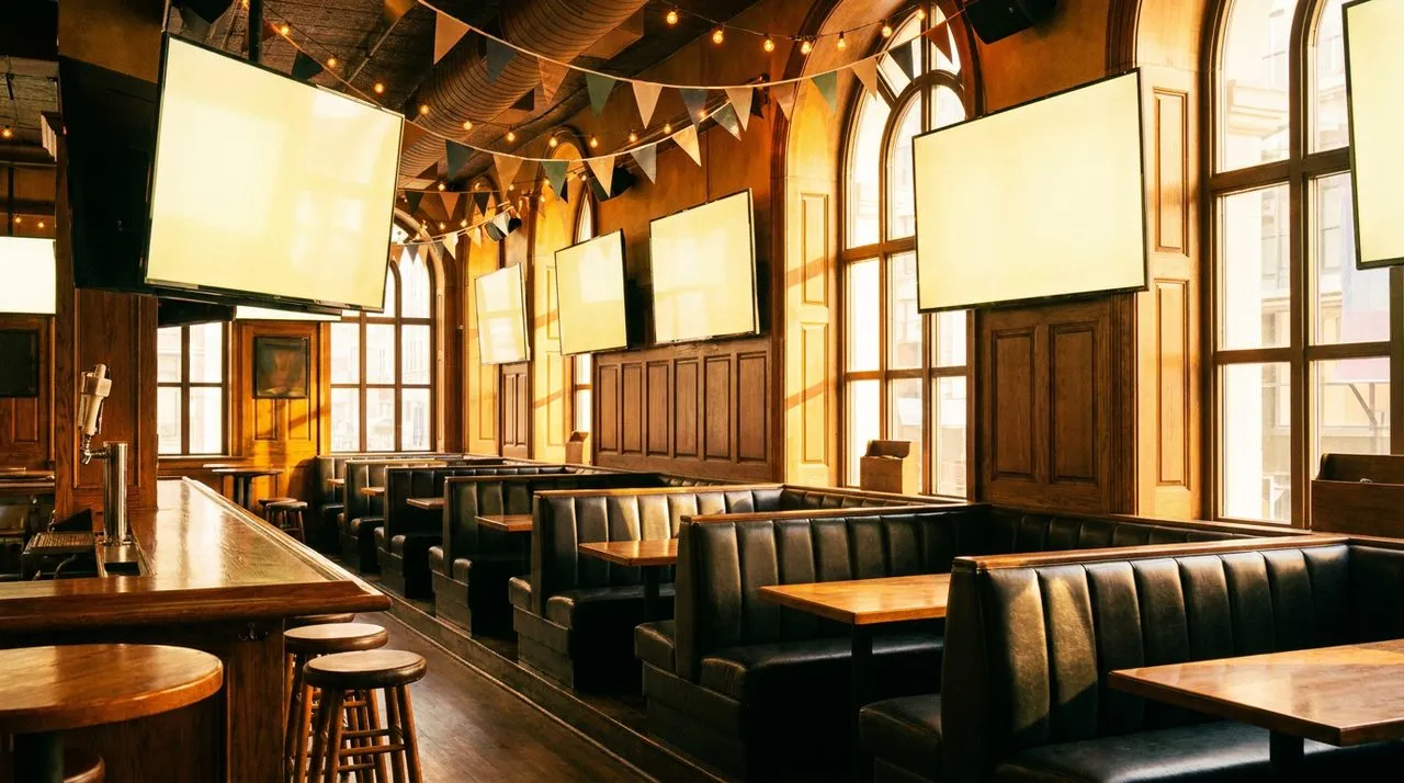 Midtown chain sports bar with leather booths, wood paneling, multiple large blank TVs along the wall, bright afternoon light.