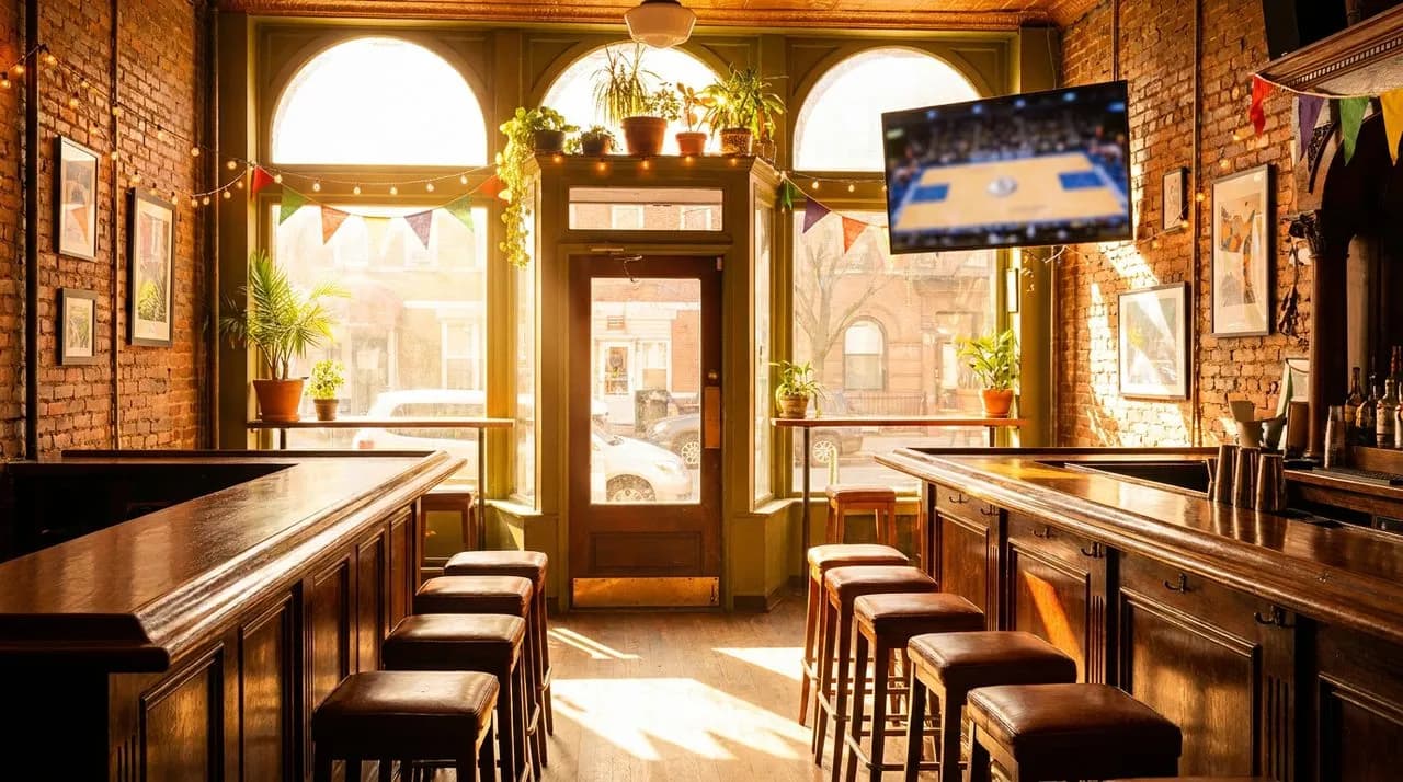 Bright Park Slope corner bar interior with arched windows, polished wooden counter, and mounted TV glowing with a basketball court.