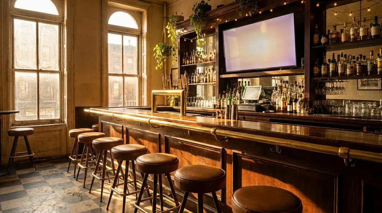 Brooklyn Heights bar interior with sunlit wooden bar, brass fittings, tall windows, and empty counter stools facing a mounted screen.