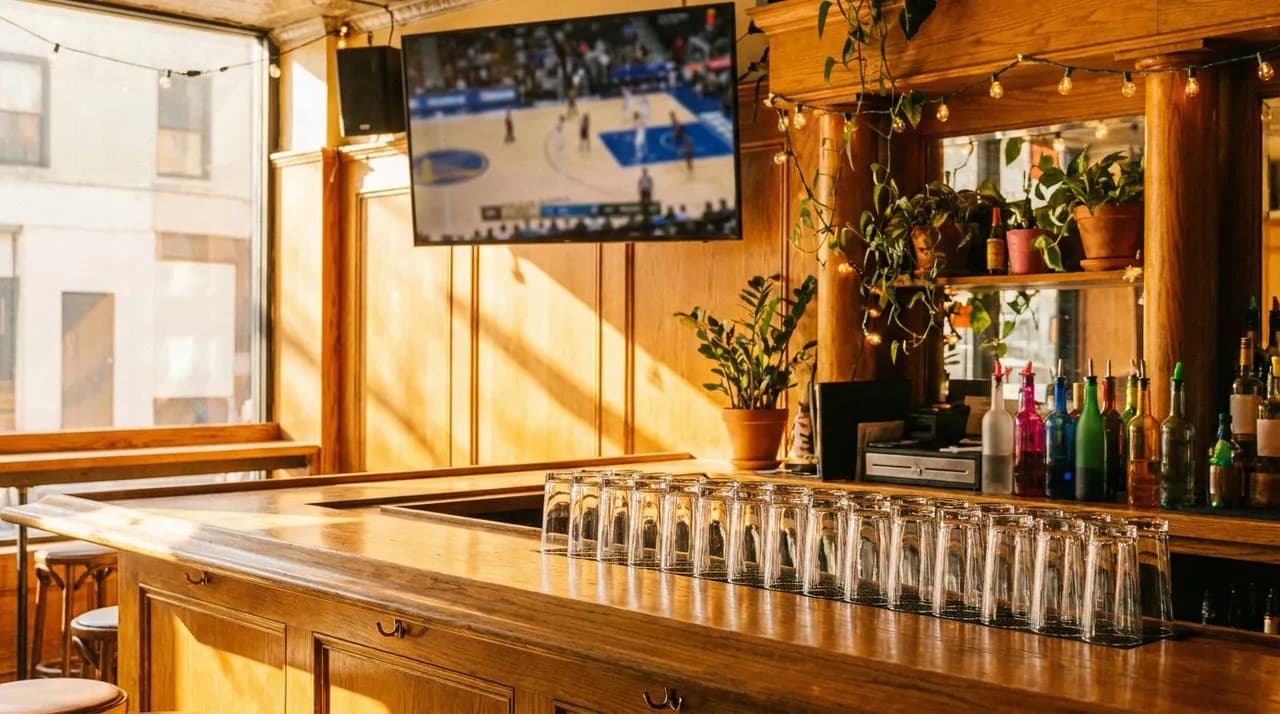 East Village Manhattan bar interior with honey wood paneling, golden sunlight, empty counter with pint glasses, and mounted screen showing a basketball court.