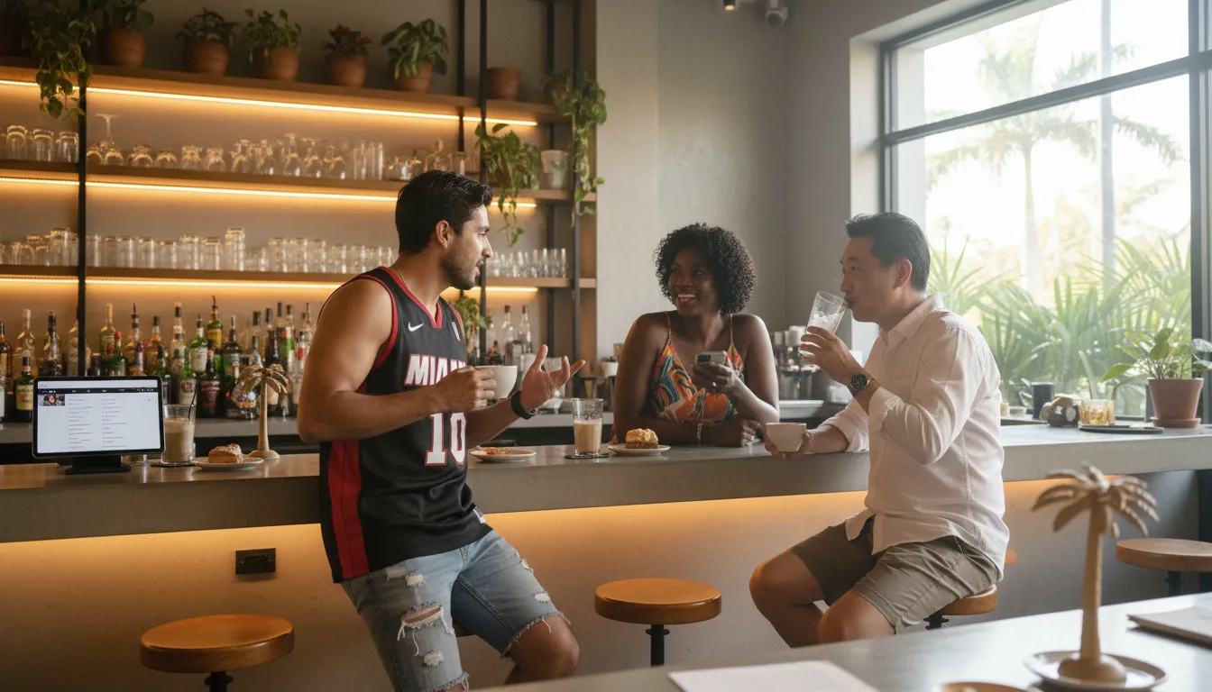 Miami's Social Scene: Discussing 'ted lasso season 4 cast' and Sports Connections — photorealistic Miami editorial scene