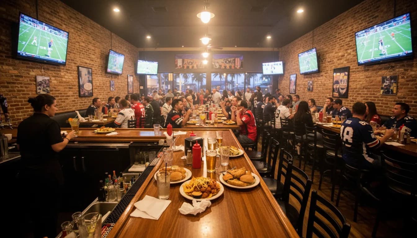 Miami Restaurants: Game Day Bites and 'nfl games' Atmosphere — photorealistic Miami editorial scene