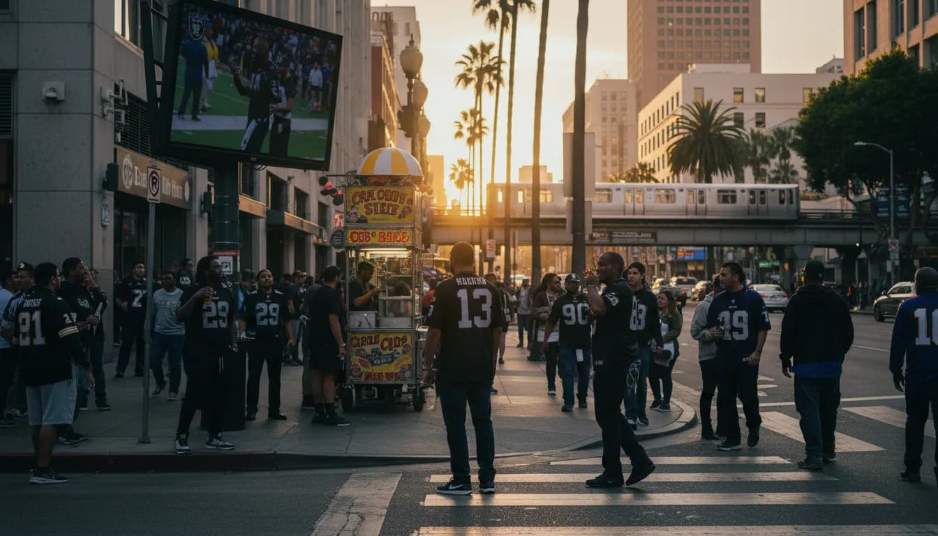 LA Sports Scene: Following the 'Raiders' Fandom Across the City — photorealistic Los Angeles editorial scene