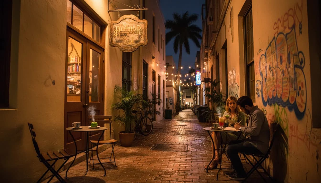Miami's Unique Coffee Spots: Beyond the '7 Brew' Trend — photorealistic Miami editorial scene