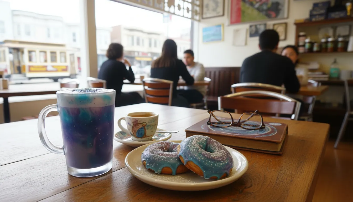 San Francisco's Cosmic Coffee Breaks: Not 'SpaceX Launch Today' Related — photorealistic San Francisco editorial scene