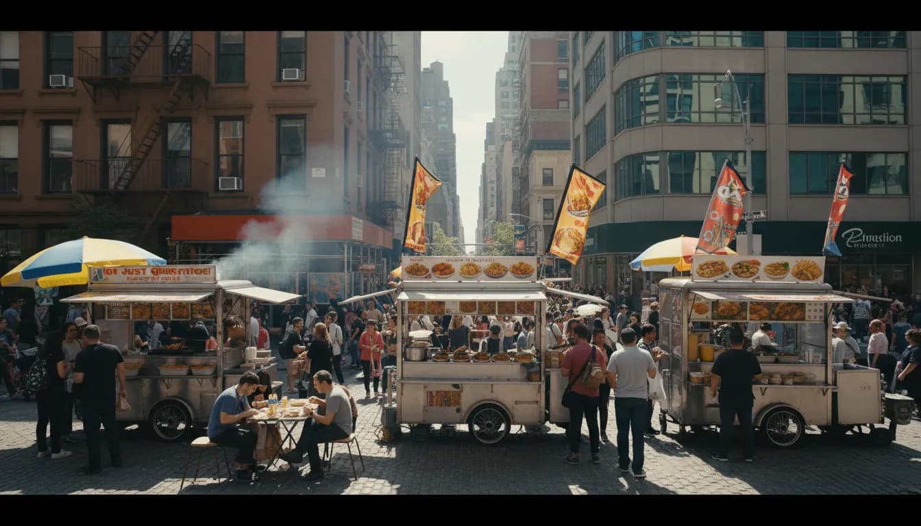 NYC Weekend Culinary Adventures: From Street Food to 'Quesarito' Twists — photorealistic New York City editorial scene