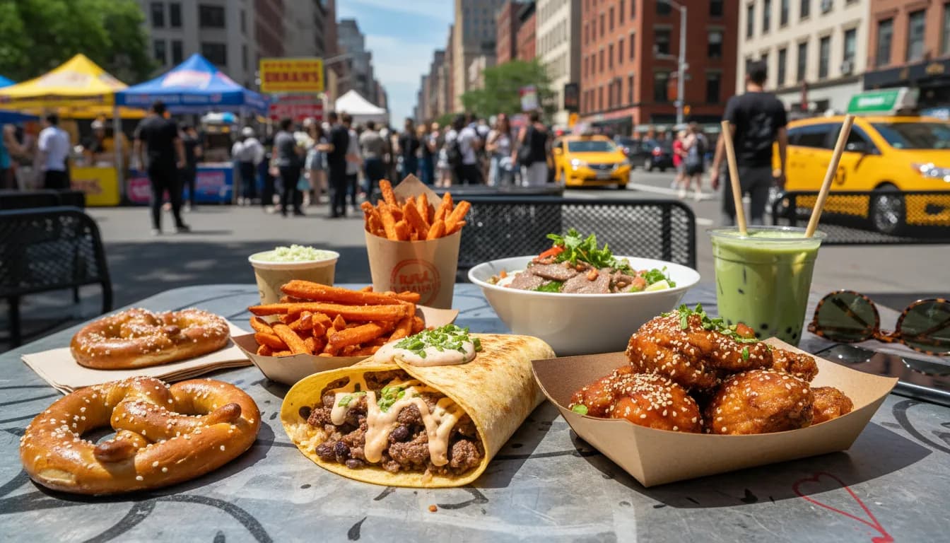 Practical city scene for NYC Weekend Culinary Adventures: From Street Food to 'Quesarito' Twists