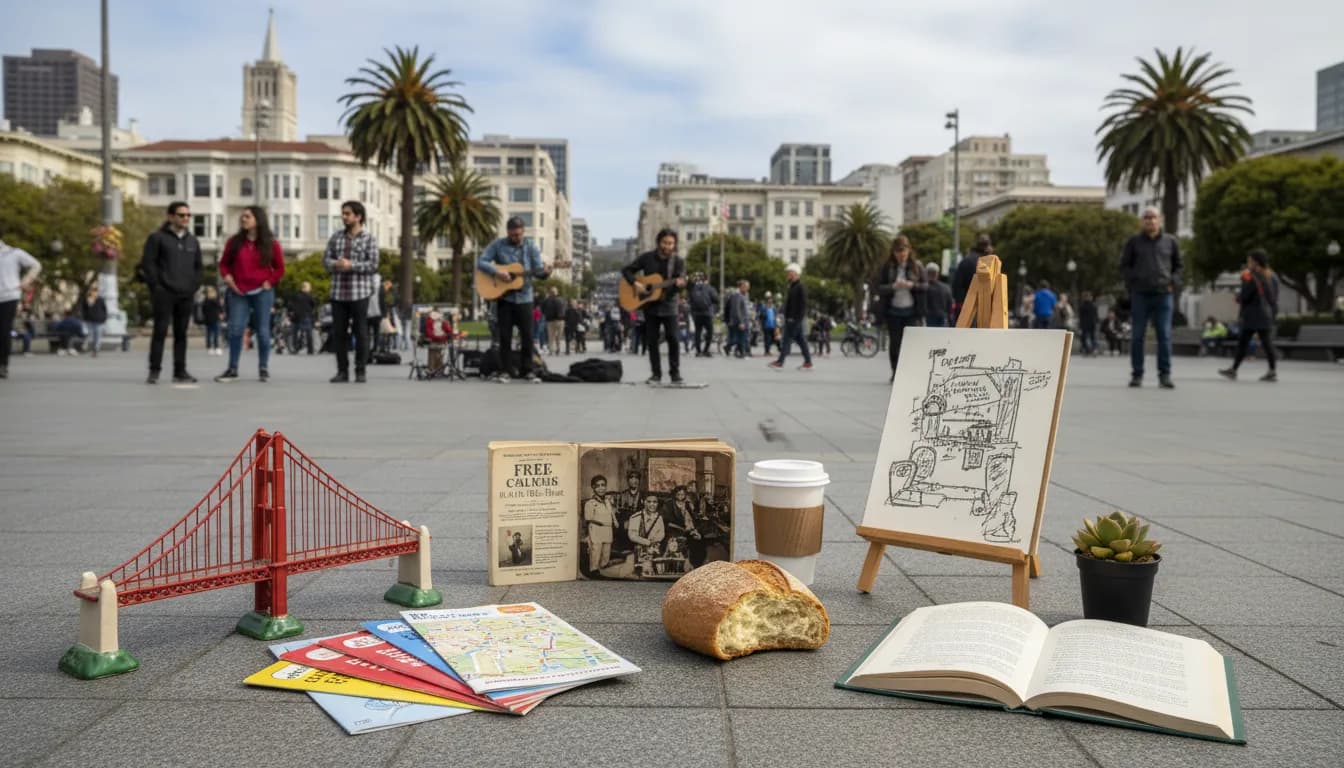 San Francisco's Free Cultural Experiences: Far from 'Dunkin'' Promotions — photorealistic San Francisco editorial scene