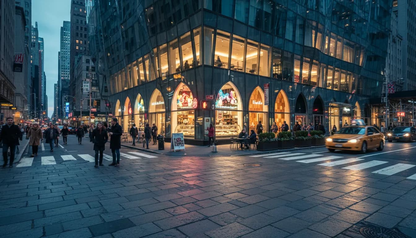 Experiencing 'the shards show' in NYC: Best Coffee and Dessert Spots — photorealistic New York City editorial scene