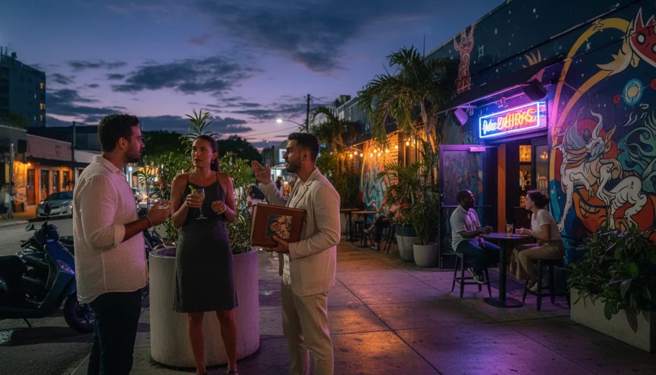 Miami Nights: Bars for Discussing Monsters of God and Speculative Fiction — photorealistic Miami editorial scene