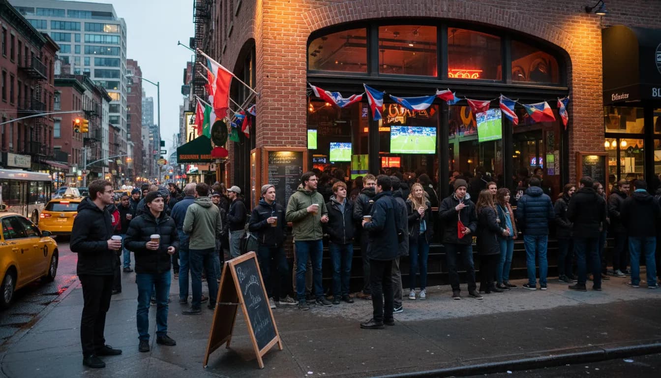 New York City Gatherings: Where to Watch Champions League Soccer Action — photorealistic New York City editorial scene