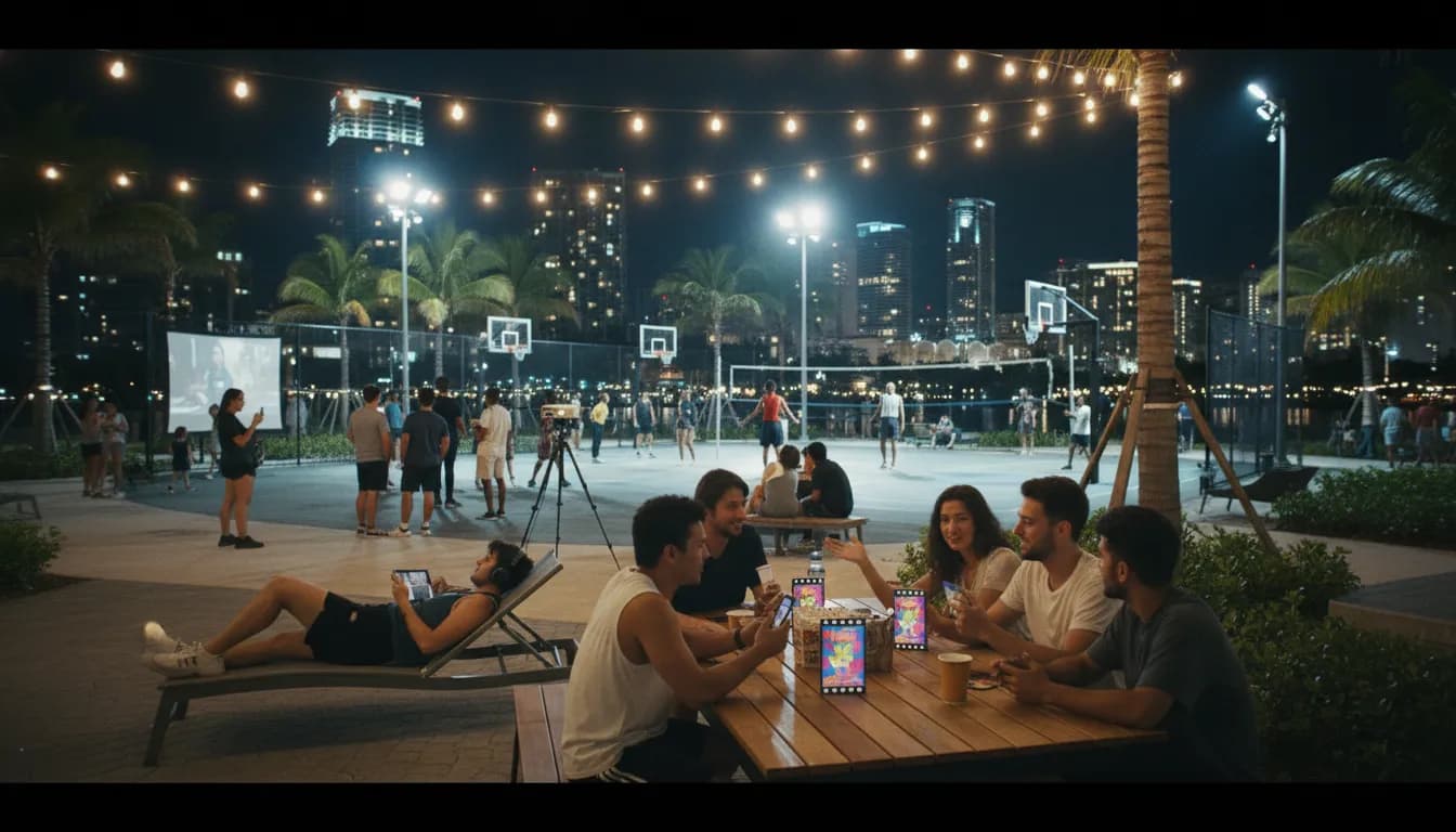 Miami Sports Social: Engaging with the 'Letterboxd' Trend in Public Spaces — photorealistic Miami editorial scene