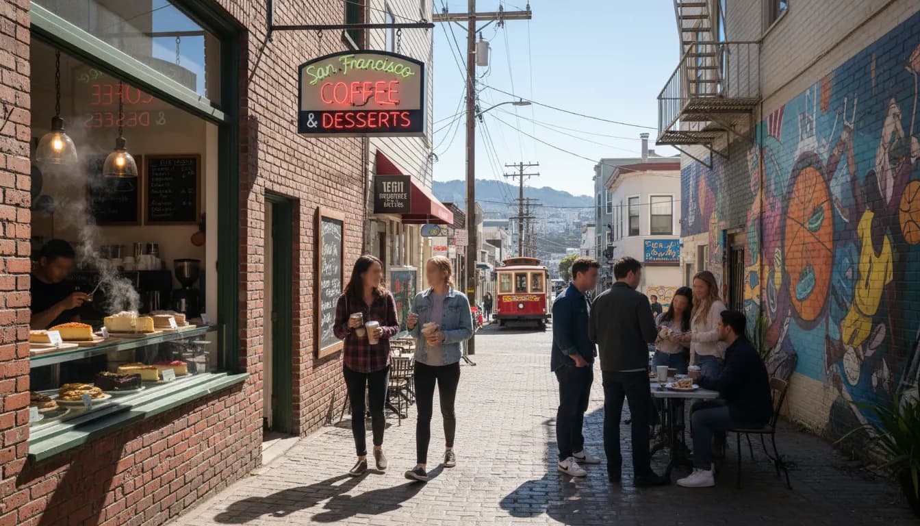 San Francisco Coffee & Dessert Spots: Fueling Your Day Like Don Nelson's Drive — photorealistic San Francisco editorial scene